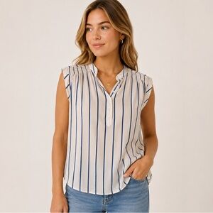 Evereve Cream Sleeveless V-Neck Tank with Navy Stripes
